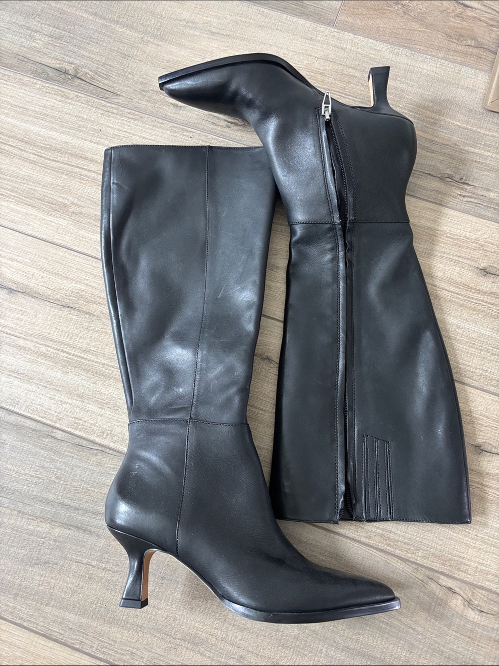 Dolce Vita Classic Black Knee-High Leather Boots with Kitten Heel